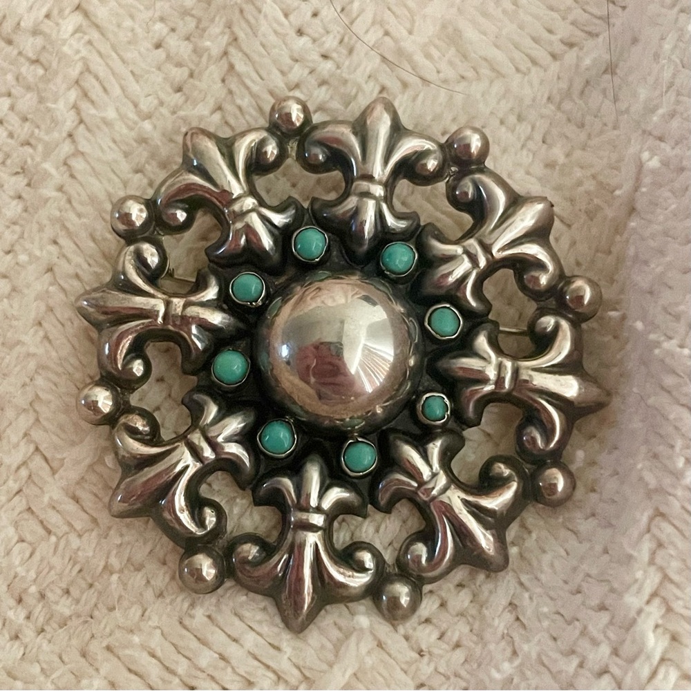 Steri Inc Silver and Turquoise Imitation Round Brooch 2inch Openwork Vitange